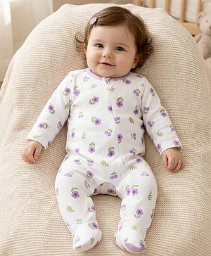 Babyoye Eco Conscious 100% Cotton
                              Knit With Eco Jiva Finish Full Sleeves
                              Footed Sleep Suit With Floral Print -
                              White