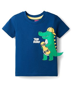Babyhug Cotton Knit Half Sleeves T-Shirt With Dino Print & Applique - Navy Blue