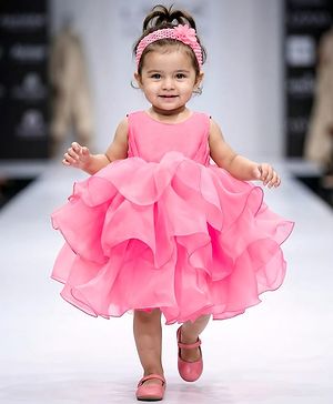 Babyhug Woven Sleeveless  Layered Glass Nylon Party Dress with Hairband - Light Pink