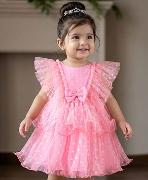 Babyhug Mesh Woven Frill Sleeves Party Dress With Heart Print & Bow Applique - Peach