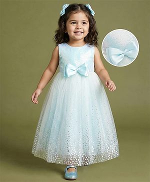 Babyhug Mesh Woven Sleeveless Foil Printed Party Gown With Sequin Detailing & Bow Applique - Light Blue