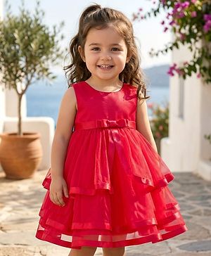 Babyhug Woven Sleeveless  Layered Mesh Party Dress with Bow & Cotton Lining - Red