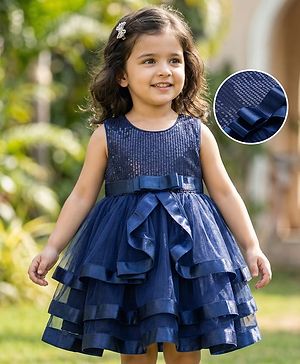 Babyhug Mesh Woven Sleeveless Party Dress With Lace Detailing & Sequinned Yoke - Navy Blue