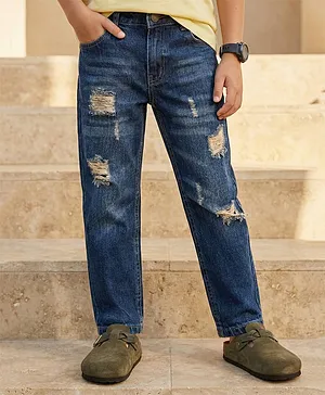 Pine Kids Woven Full Length
                              Distressed Denim Jeans - Dark Blue