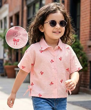 Babyhug 100% Cotton Seer Sucker Woven Half Sleeves Bow Embroidered Top with Knot - Light Pink