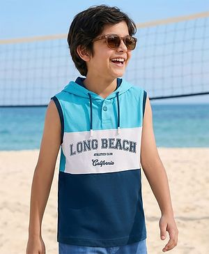 Pine Kids Cotton Knit Sleeveless Cut & Sew Hooded T-Shirt with Long Beach Print - Multicolor