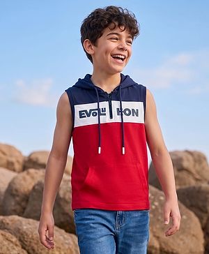 Pine Kids Cotton Knit Sleeveless Cut & Sew Hooded T-Shirt with Text Print - Red, Navy & White