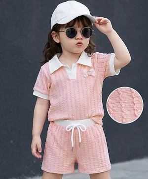 Mark & Mia Half Sleeves Top &
                              Shorts Set with Bow Applique & Tape
                              Detailing - Pink