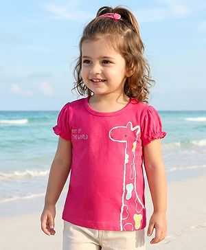 Babyhug 100% Cotton Knit Half Sleeves Giraffe Printed T-Shirt - Dark Pink