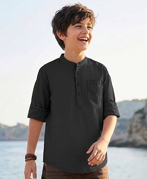 Pine Kids Cotton Woven Full Sleeves Solid Colour Kurta Style Shirt - Black