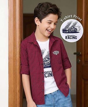 Pine Kids 100% Cotton Woven Full Sleeves Checks Shirt & Tank T-Shirt With Racing Car Print - Red