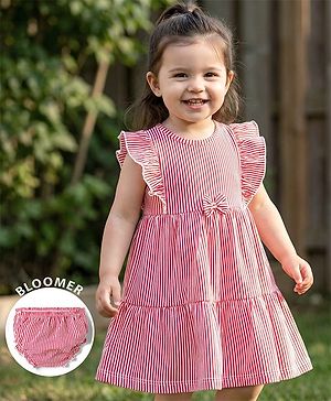 Babyhug Single Jersey Knit Cap Sleeves Striped Frock with Bloomer Frill Detailing & Bow Applique - Light Red