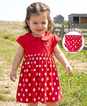 Babyhug Single Jersey Knit Cap Sleeves Polka Dotted Frock with Bloomer - Red