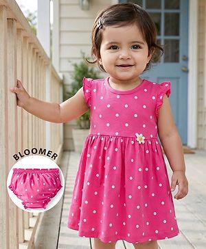Babyhug 100% Cotton Knit Sleeveless Polka Dots Printed & Floral Applique Frock With Bloomer - Pink