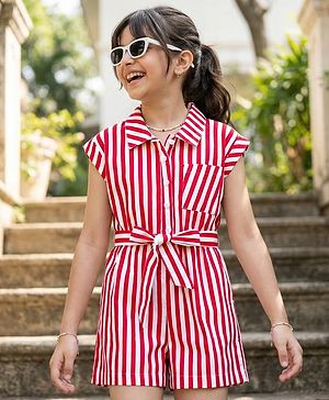 Pine Kids Poplin Woven Sleeveless Striped Jumpsuit - Red