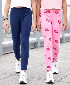 Pine Kids Cotton Lycra Knit Full Length Floral Printed Leggings With Stretch Pack Of 2 - Navy Blue & Pink