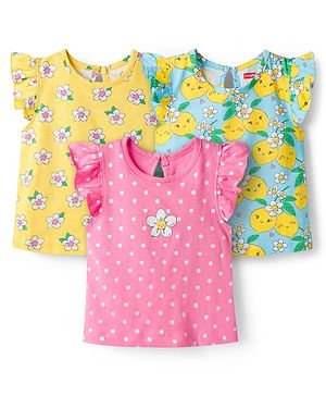 Babyhug Cotton Knit Half Frill Sleeves T-Shirts with Floral Graphics Pack of 3 - Pink Light Blue & Light Yellow