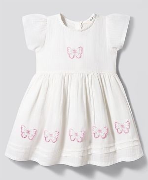 Bonfino 100% Cotton Woven Cap Sleeve Fit & Flair Dress With Butterfly 3D Applique - White