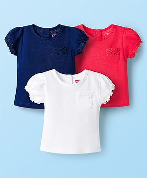 Babyhug Cotton Knit Half Sleeves Solid T-Shirts with Floral Applique Pack of 3 - Red Navy Blue & White