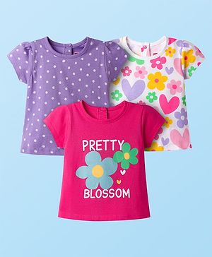 Babyhug 100% Cotton Knit Half Sleeves Floral Hearts & Polka Dots Printed T-Shirts Pack Of 3 - Multicolour