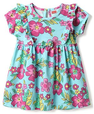 Babyhug Cotton Knit One Piece Frocks Half Sleeves Floral Print Light Blue 3-6 Months