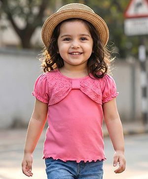 Babyhug 100% Cotton Knit Half Puff Sleeves Top With Embroidery - Pink
