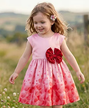 Babyoye Satin Woven Half Sleeves
                              Party Dress With Heart Print & Bow
                              Applique - Pink