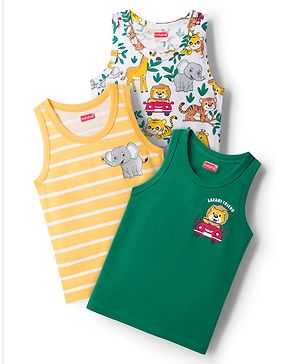 Babyhug 100% Cotton Knit Sandos with Jungle Theme Print & Stripes Pack of 3 - Multicolor