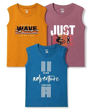 OHMS Cotton Knit Sleeveless Tank T-Shirt With Beach Theme Print Pack Of 3 - Multicolor