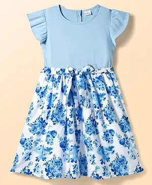 Mark & Mia Knitted Half
                                  Sleeves Floral Printed Knee Length
                                  Frock With Bow Detailing - Light Blue