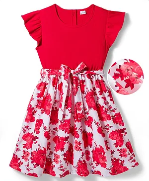 Mark &
                                  Mia Knitted Half Sleeves Floral
                                  Printed Knee Length Frock With Bow
                                  Detailing - Red