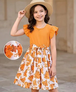 Mark & Mia Knitted Frill
                                  Sleeves Frock with Belt & Floral
                                  Print - Mustard