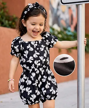 Mark & Mia Rayon Woven Half
                              Sleeves Jumpsuit with Headband & Bow
                              Print - Black