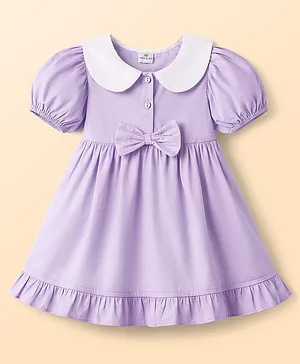 Mark & Mia Cotton Woven Half
                                  Sleeves Frock With Bow Applique &
                                  Peter Pan Collar - Purple