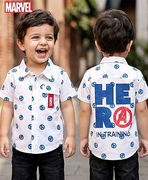 Babyhug Marvel Poplin Woven Half Sleeves Shirt With Back Avengers Graphics & Pocket Detailing - White