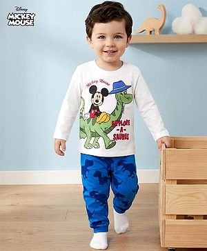 Babyhug Disney Single Jersey Knit Full Sleeves Night Suit With Mickey & Dino Graphics - White & Blue