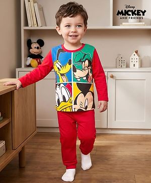 Babyhug Disney Single Jersey Knit Full Sleeves T-Shirt & Pyjama Night Suit With Mickey & Friends Graphics - Red