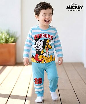 Babyhug Disney Single Jersey Knit Full Sleeves T-Shirt & Lounge Pant Night Suit With Mickey & Pluto Graphics - Light Blue