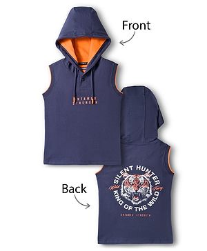 Pine Kids 100% Cotton Knit Half Sleeves Tiger Printed Hooded T-Shirt - Navy Blue