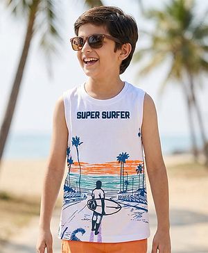 Pine Kids Cotton Knit Sleeveless Tank T-Shirt with Super Surfer Print - White