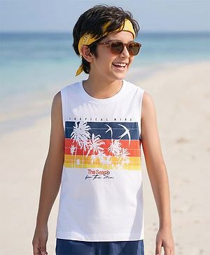 Pine Kids Cotton Knit Sleeveless Tank T-Shirt with Tropical Theme Print - White
