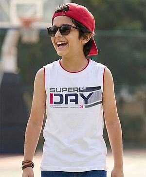 Pine Kids Cotton Knit Sleeveless Tank T-Shirt with Super Day Print - White