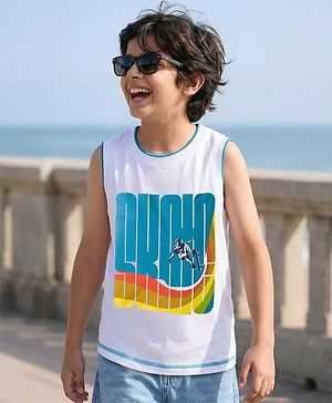 Pine Kids Cotton Knit Sleeveless Tank T-Shirt with Surfer Print - White