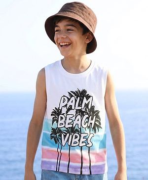 Pine Kids Cotton Knit Sleeveless T-Shirt With Beach Theme Print - White