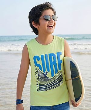 Pine Kids Cotton Knit Sleeveless Tank T-Shirt with Surfer Print - Limegreen