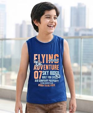 Pine Kids Cotton Knit Sleeveless Tank T-Shirt with Text Print - Navy Blue