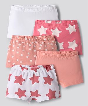 Bonfino Girls 95% Cotton 5% Elastane Knit Boxers With Polka Dot & Star Print Pack of 5 - Pink, Peach & White