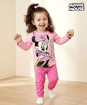 Babyhug Disney 100% Cotton Full Sleeves  T-Shirt & Pyjama Night Suit With Minnie Mouse Graphic - Pink