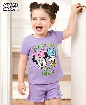 Babyhug Disney Single Jersey  Knit Oversize Half Sleeves T-Shirt & Shorts Set with Minnie & Friends Graphic - Lavender