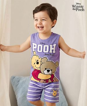 Babyhug Disney Single Jersey Knit Sleeveless T-Shirt & Shorts Night Suit With Winnie The Pooh Graphics - Lavender